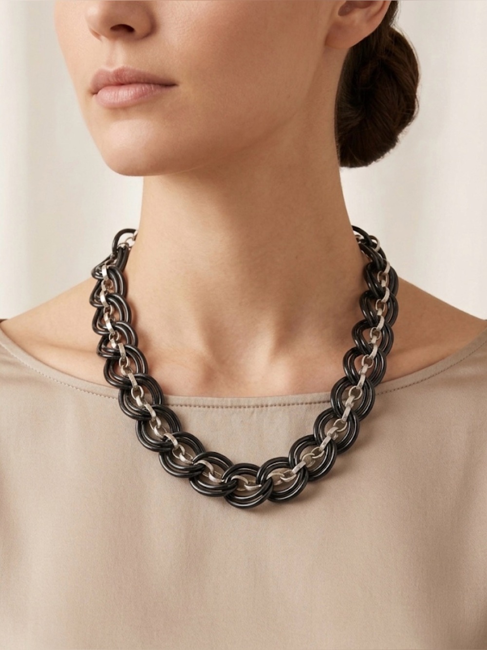 Sabika W-12 Multi Link Black & Silver Statement Necklace